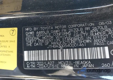 2004 Lexus Es 330 from USA, damaged, VIN JTHBA30G540001461